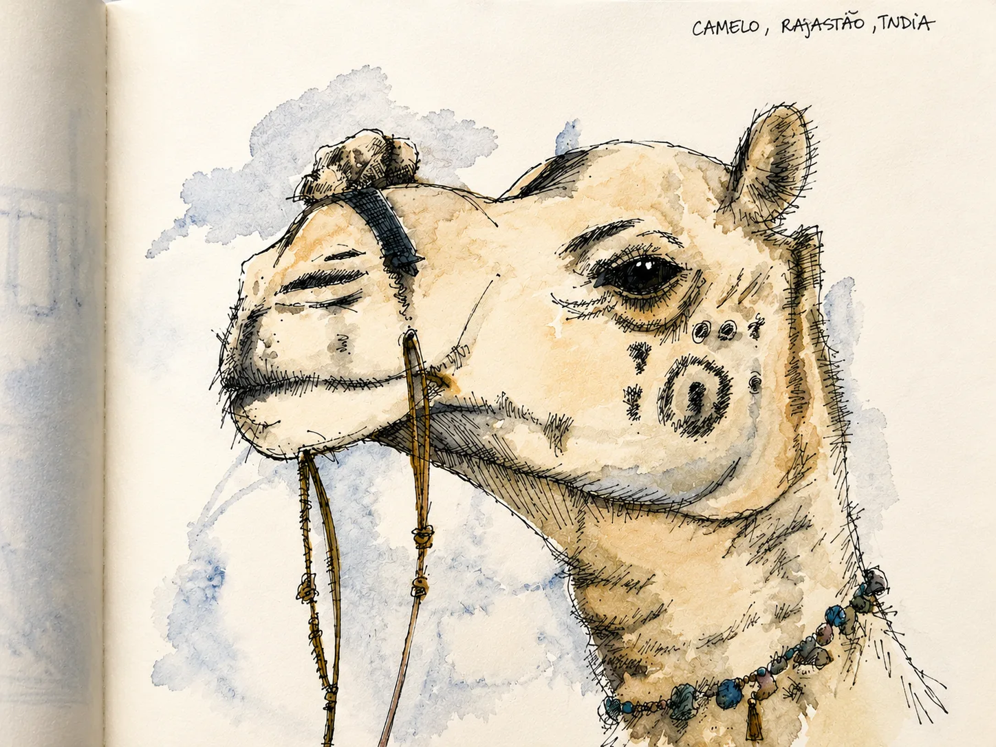 Ink and watercolour drawing of a camel in Rajasthan, India