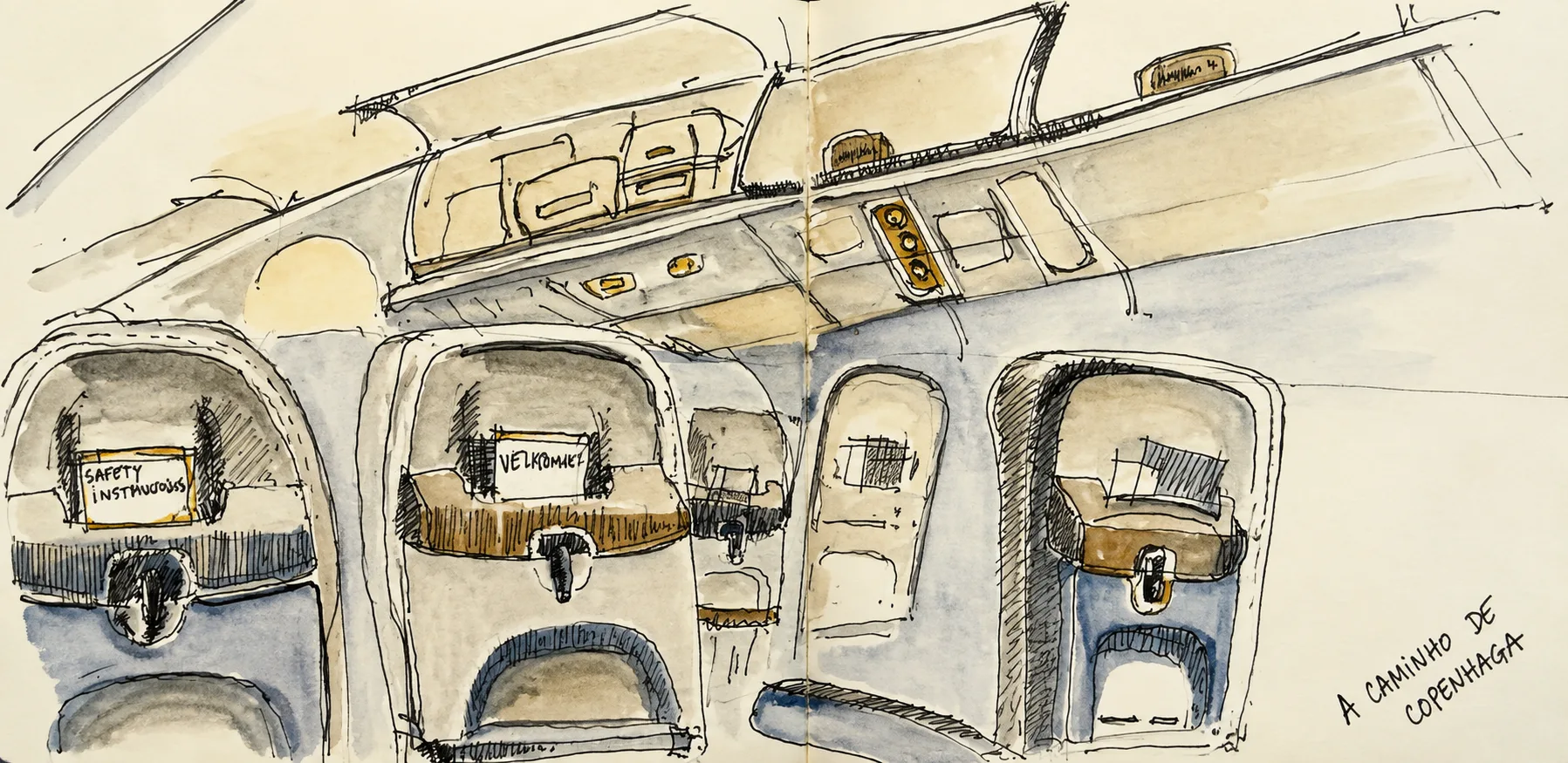 Watercolour of an aeroplane cabin on the way to Copenhagen