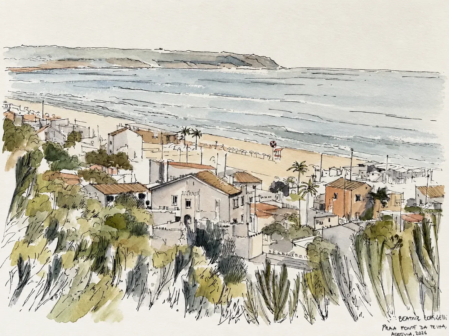 Watercolour sketch of Praia da Fonte da Telha seen from Aroeira