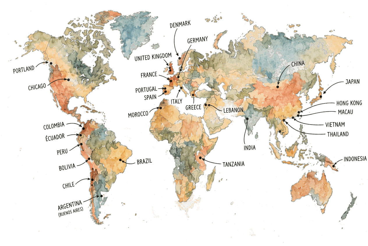Watercolour world map with the countries Beatriz Cottinelli has drawn